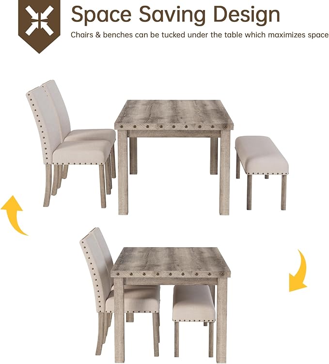 Morden Fort Dining Table Set for 4, Farmhouse Kitchen Table Chairs Set with Nailhead Accents, Wooden Rectangular Dining Room Sets Include Table & Upholstered Bench & 2 Dining Chairs