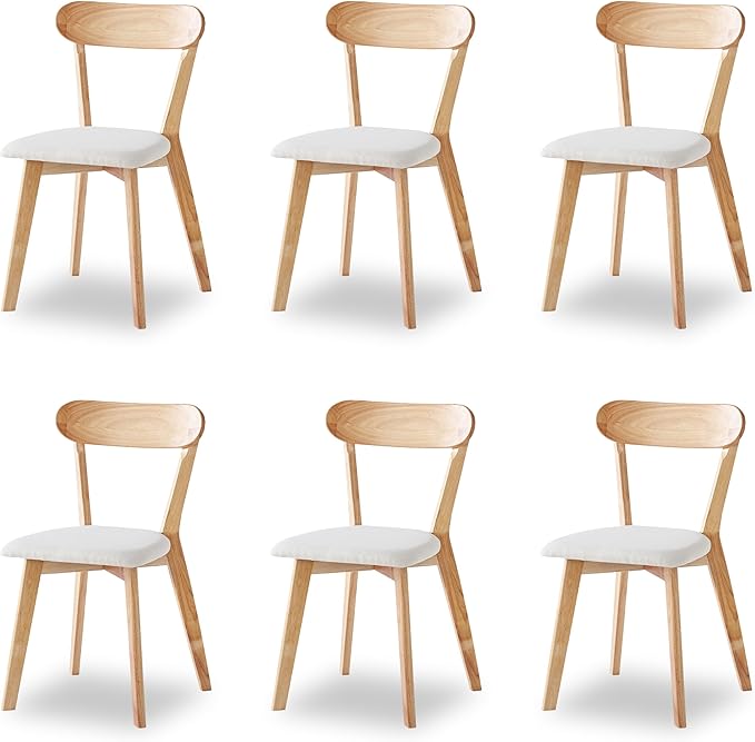 Solid Wood Chairs Set of 6 for Living Room Home Kitchen Off White Padded Seat Wood Kitchen Chairs Set of 6 (Louis-6, Wood/Off White)