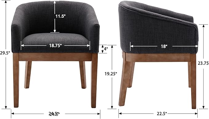 Wahson Barrel Chairs Set of 2, Mid Century Dining Chairs with Arms, Linen Upholstered Kitchen Chairs with Natural Wood Legs, for Bedroom/Living, Charcoal