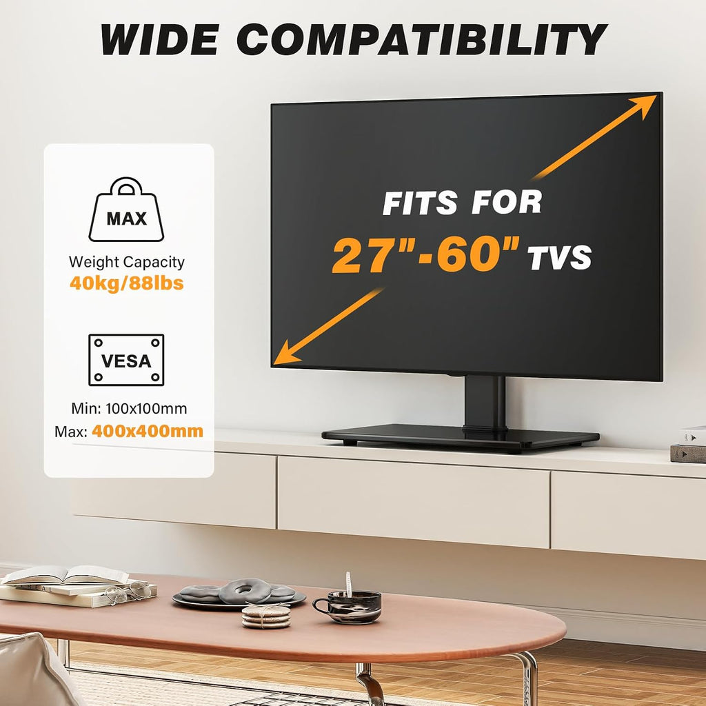 5Rcom Universal Swivel TV Stand for 27-60 inch Curved/Flat Screen TVs, Table Top TV Base Replacement Holds up to 88 lbs, Height Adjustable TV Stand Mount with Tempered Glass Base, MAX VESA 400x400mm | Height Adjustable Table Top TV Base Replacement