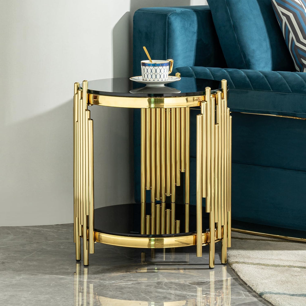 17.72" Round Sofa Side Table, 2-Tier Black Tempered Glass End Table with...