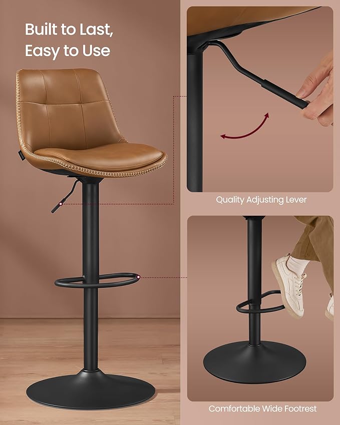VASAGLE Bar Stools, Set of 4 Swivel Bar Chairs, Adjustable Height, Quilt, Synthetic Leather Kitchen Stools with Back and Footrest, Dining Room, Counter, Steel, Caramel Brown ULJB095KN01-2J