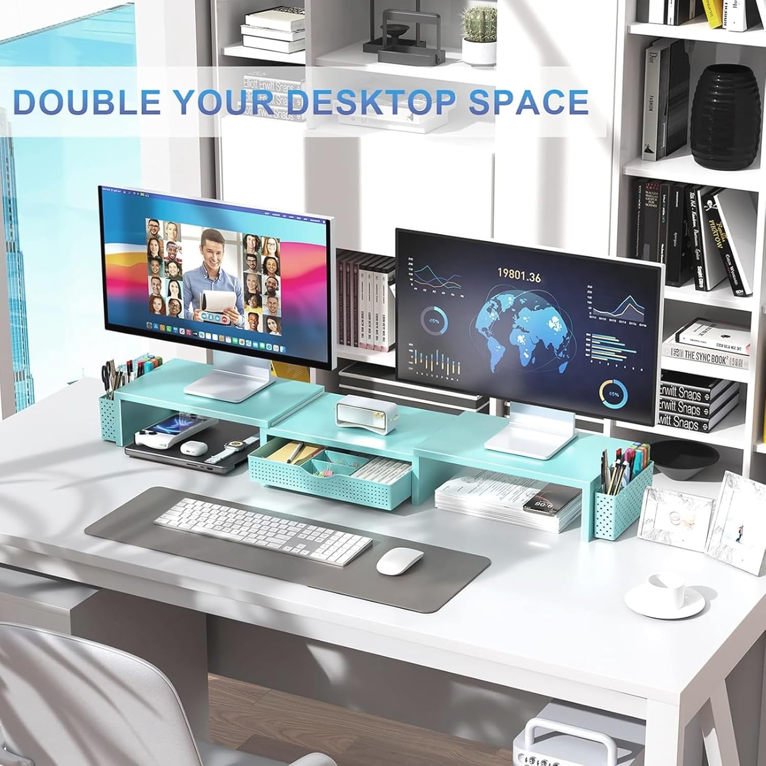 gianotter Dual Monitor Stand Riser, Desk Organizer With Drawer and 2 Pen Holders, Monitor Stand for Desk, Office Decor Essentials (Blue)