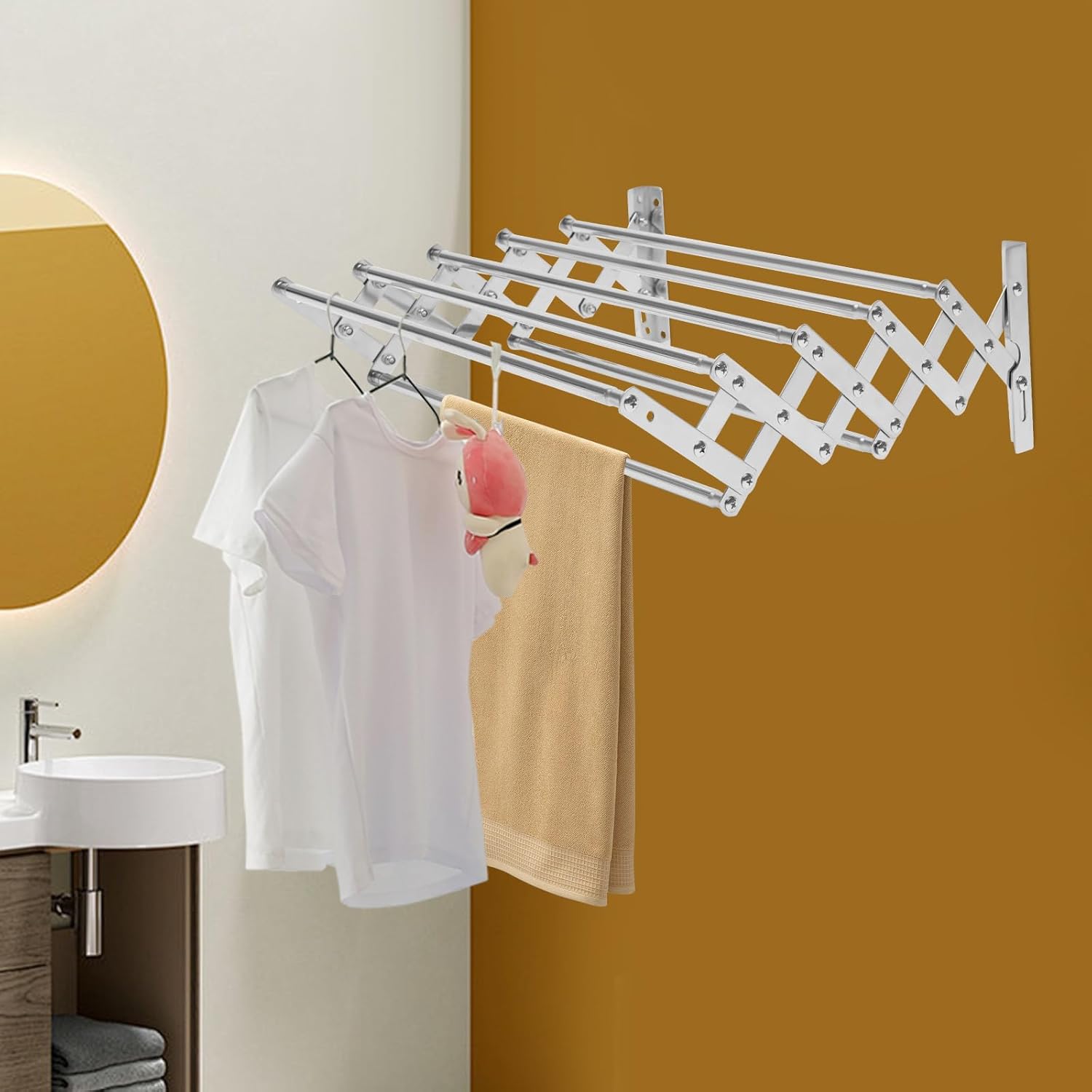 Wall Mounted Laundry Drying Rack, Retractable Clothes Drying Rack with Stable Base, Stretching Back, Forth, Left, Right, Folding Clothing Collapsible for Clothes Hanging