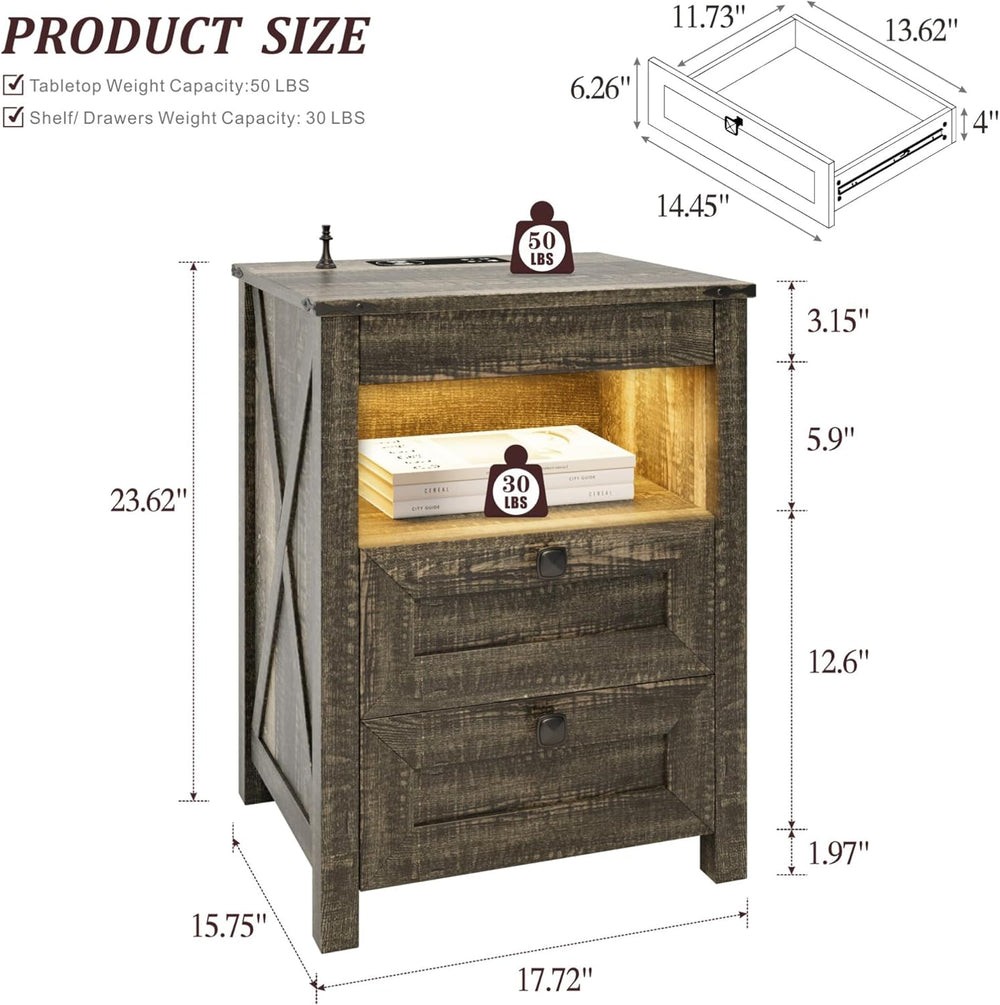 FREDEES LED Nightstand with Gun Drawer, Bedside Table with Charging Station f...