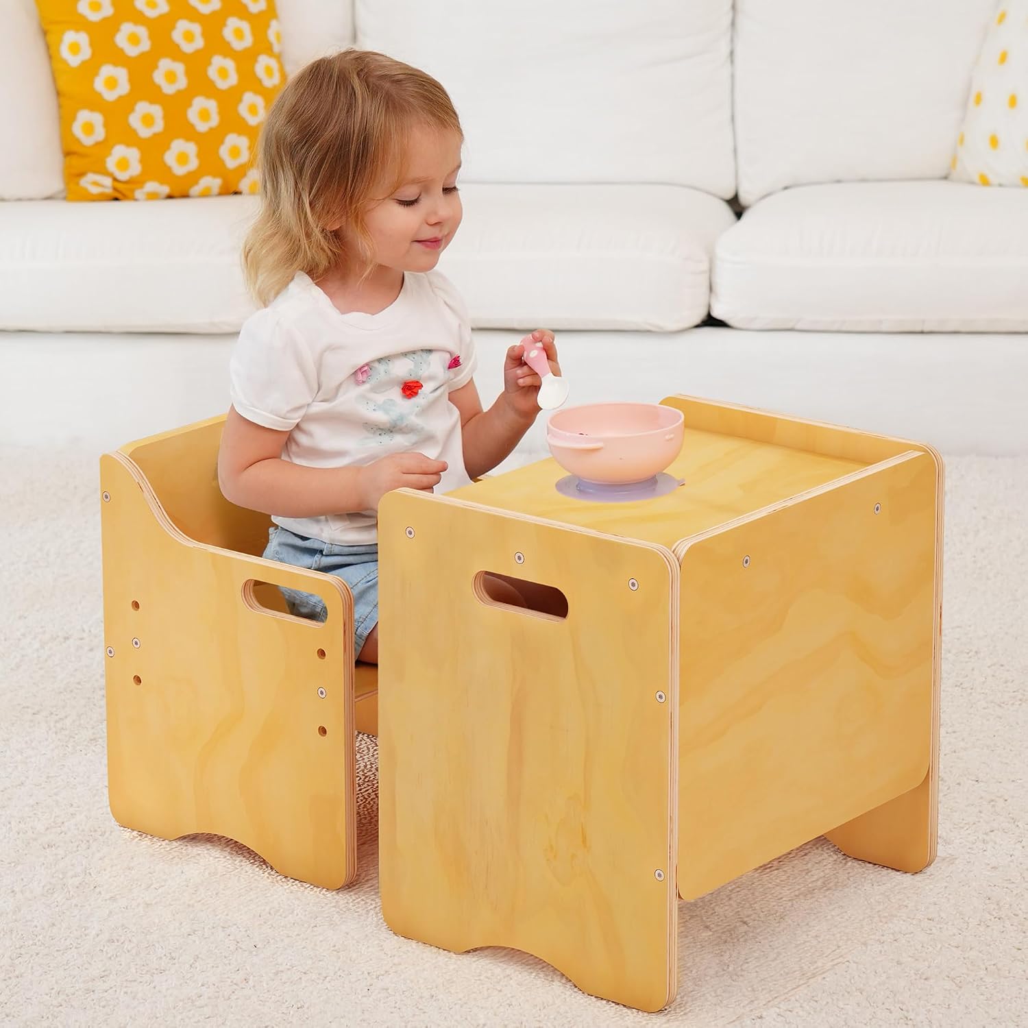 MallBest Montessori Weaning Table and Chair Set-Adjustable seat Height Wooden Toddler Table，Kids Activity Step Stools，Kids Funiture for Eating Drawing Reading