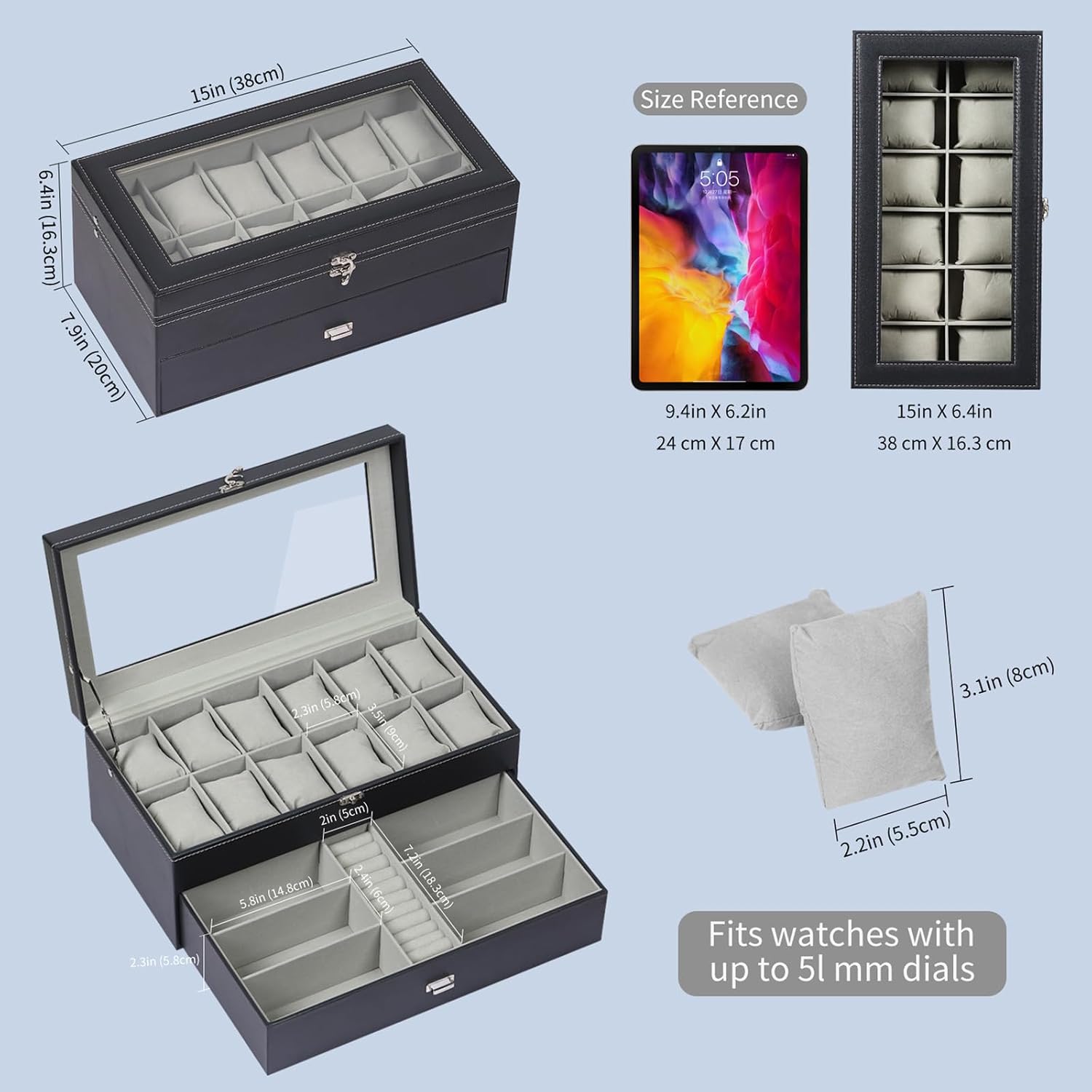 AUTOARK Leather & Velvet Watch Box & Sunglass Organizer,Black,MKAW043 | 12 Watch Box,6 Piece Eyeglasses Organizer,2 Layers with 1 Drawer, Lockable,Large Glass Top