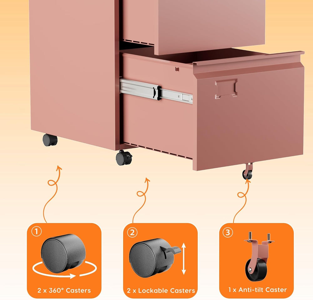 METAN 2 Drawer Metal File Cabinet with Lock, Mobile Rolling Filing Cabinet fo...