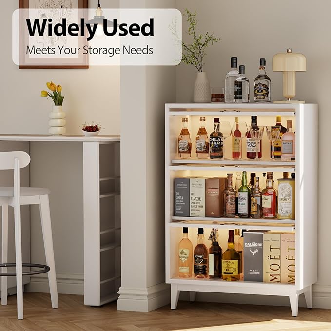 Solid Wood Storage Cabinet with Glass Doors, 3 Shelf Small Storage Cabinet, Mid Century Modern Bookcase, Kitchen Pantry Cabinet (White, 31.5" W)