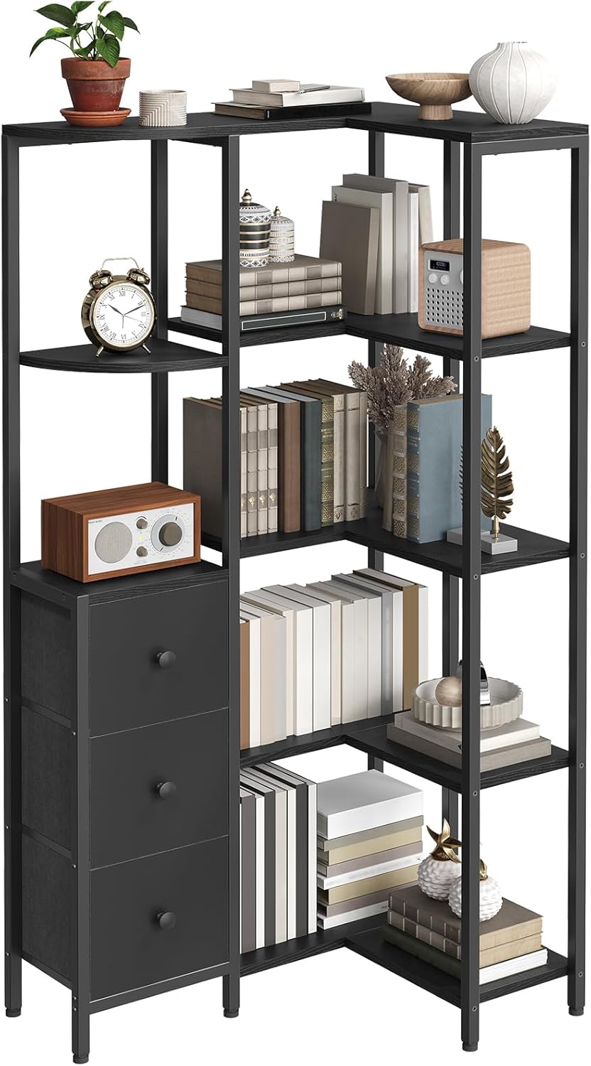 YATINEY Corner Bookshelf, 5-Tier L-Shaped Bookcase with 3 Fabric Drawers, Sto...