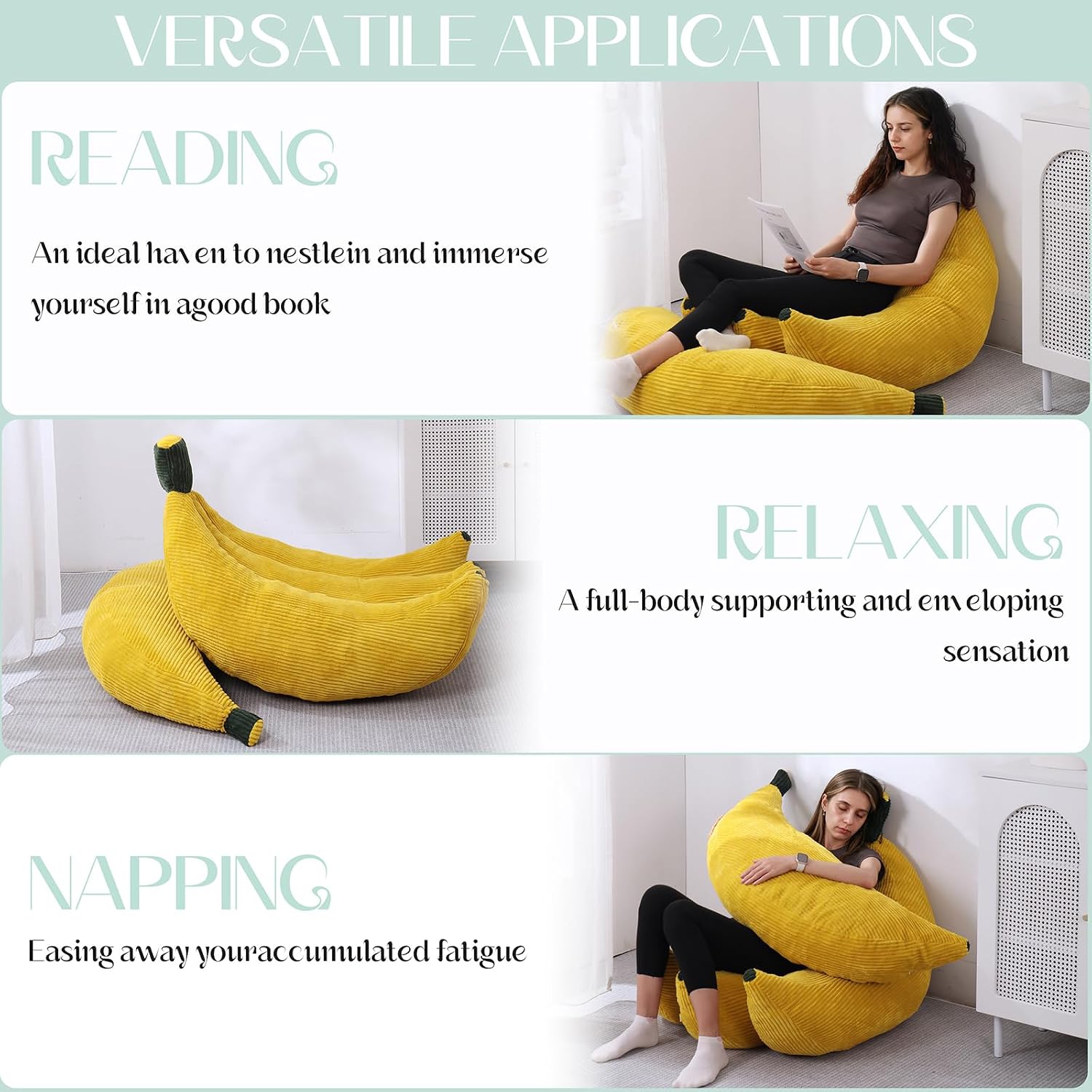 Banana Chaise Lounge Sofa Chair for Living Room, Bean Bag Chair with Ottoman, Floor Sofa Bed with Footrest, Comfy Convertible Lounger, Plush Couch for Bedroom, Dorm (Yellow, Queen)