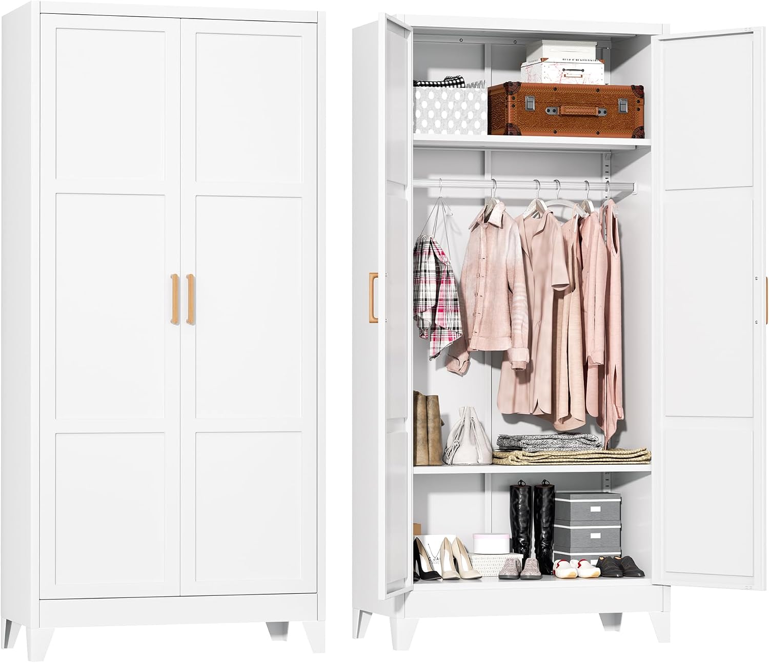 Superday Metal Wardrobe Closet, 72" H Bedroom Armoires with Wooden Handle, Storage Cabinet with Adjustable Shelves and Hanging Rods, Steel Storage Locker Closet for Home, Office, Employee, Gym (White)