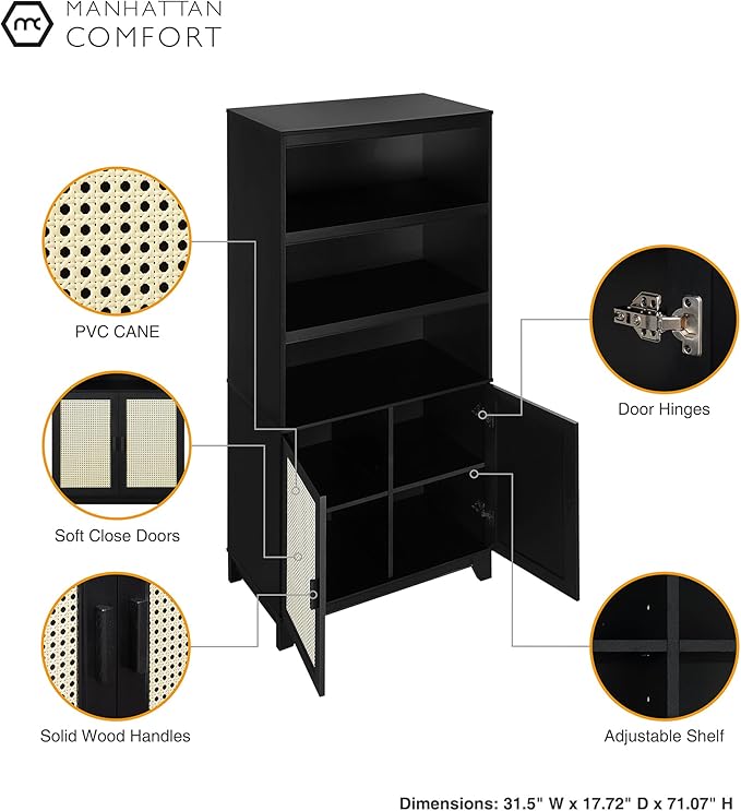 Manhattan Comfort Sheridan Modern Cane Bookcase with Adjustable Open Shelves, Soft Close Doors, and Concealed Compartments, Versatile 3 Tier Bookshelf Storage for Home and Office, Set of 2, Black