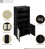 Manhattan Comfort Sheridan Modern Cane Bookcase with Adjustable Open Shelves, Soft Close Doors, and Concealed Compartments, Versatile 3 Tier Bookshelf Storage for Home and Office, Set of 2, Black
