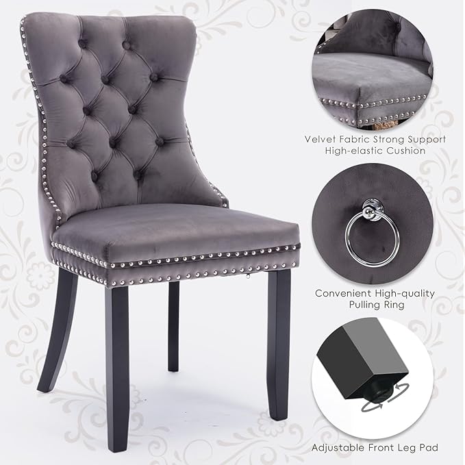 Velvet Upholstered Dining Chairs Set of 8, Modern Style Kitchen Side Chairs with Nailhead Trim and Wood Legs,Metal Pulling Ring for Dining Room Living Room(Grey)