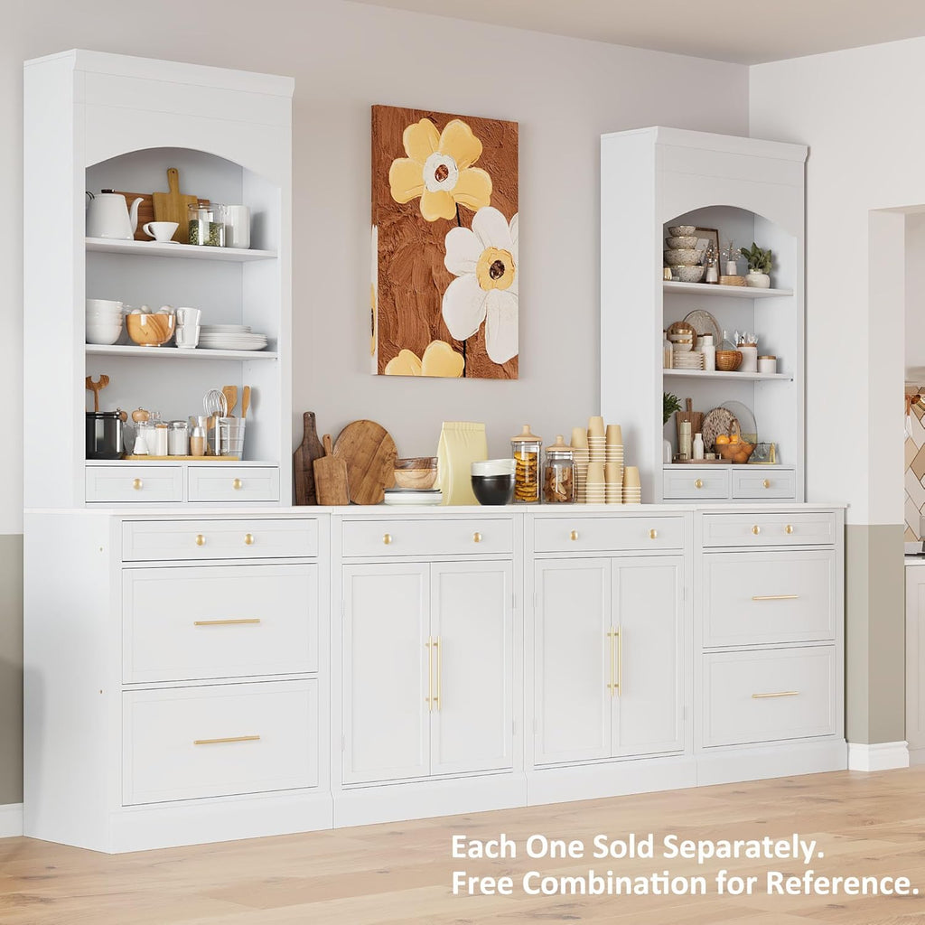 Mirightone 83.7Inch Tall Kitchen Pantry Cabinet, Corner Cabinet with 5 Storage Drawers and Adjustable Shelf, Freestanding Kitchen Pantry with Faux Marble Top. White