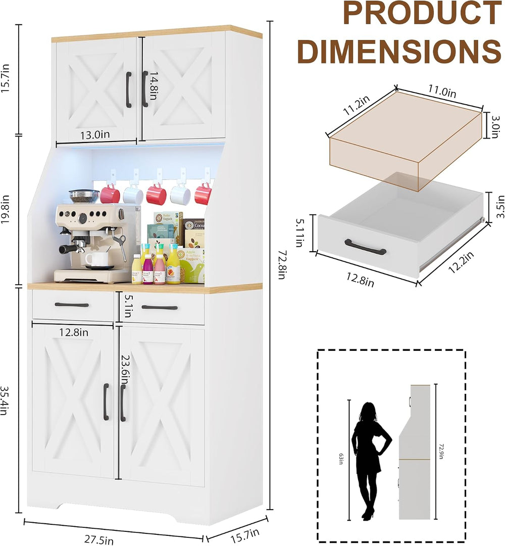 DreamDashio 73" Tall Pantry Cabinet with Charging Station & LED Ligh...