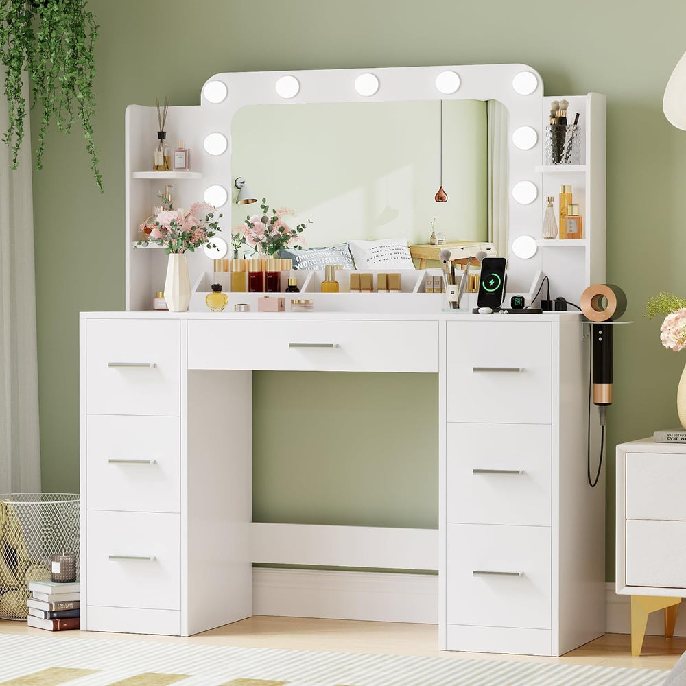 JUMMICO Makeup Vanity Desk with Large Mirror and Lights, Vanity with Power St...