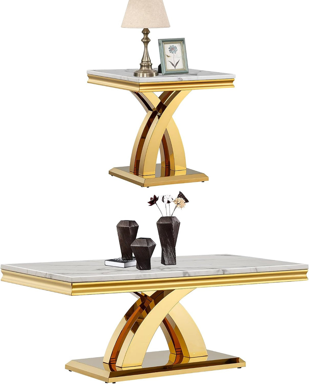 SSLine Faux Marble 2 Pieces Living Room Table Sets,Modern Marble Coffee Table...