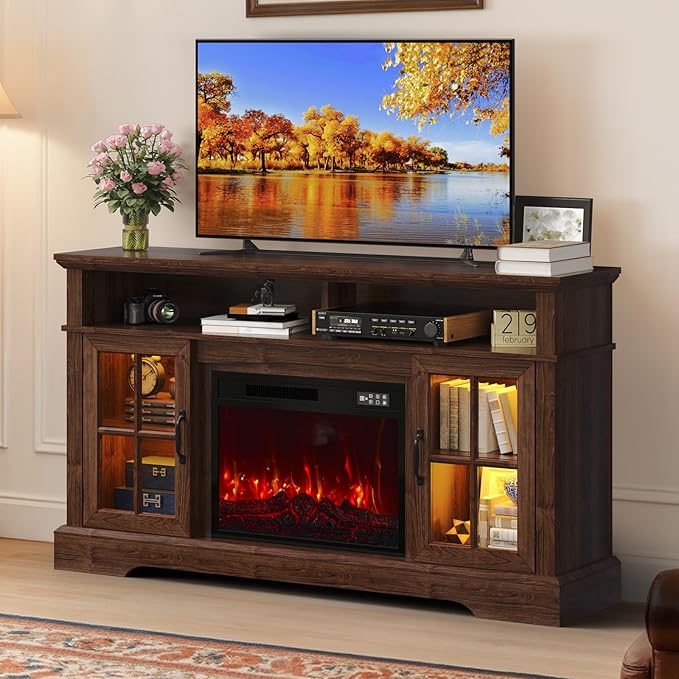58" TV Stand with Electric Fireplace, Modern Entertainment Center for TVs Up to 80 Inches, Farmhouse Media Console with Storage Cabinets & Doors for Living Room, Brown and Black
