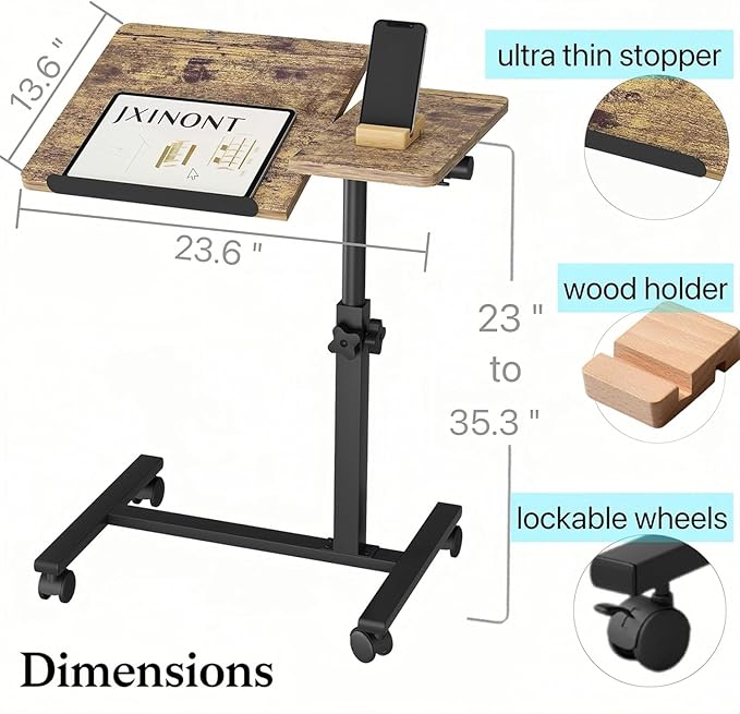 Overbed Table Bedside Desk Hospital Bed Table Mobile Rolling Laptop Stand Tilting Medical with Wheels Adjustable Height (Yellow)