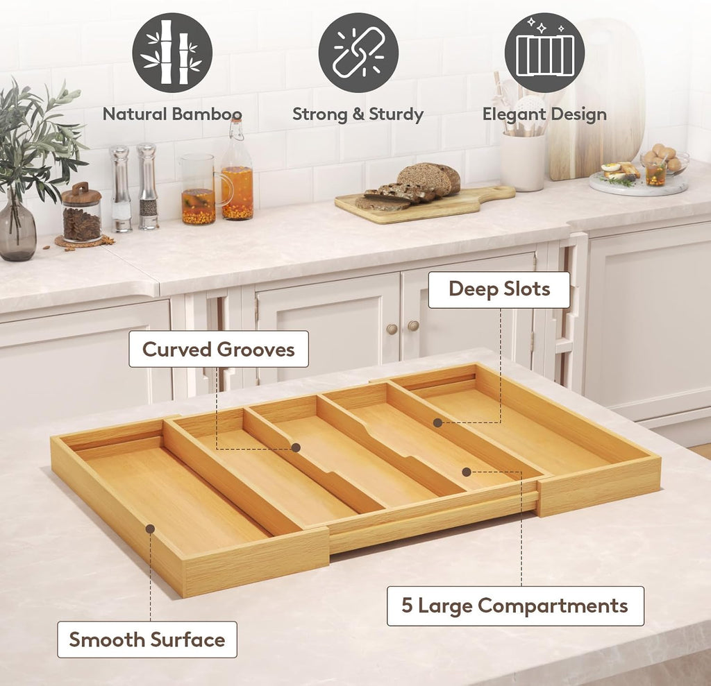 Lifewit Utensil Organizer for Kitchen Drawer, Expandable Cooking Utensil Tray, Cutlery Silverware Flatware Holder, Wood Adjustable Spatula Tools Storage Divider, 15.6-28 x 18.5, Natural