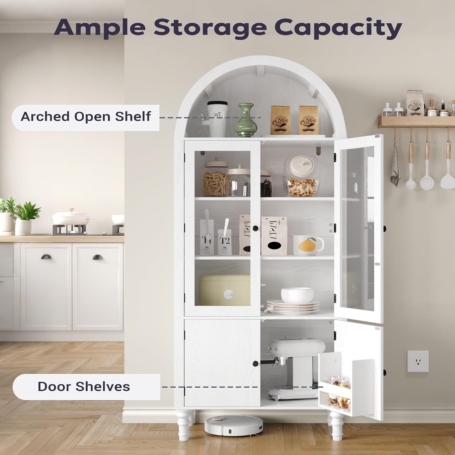 Furnify 71" Tall Arched Kitchen Pantry Cabinet with Door Shelves, White | Modern Kitchen Storage Cabinet with Doors, 3 Adjustable Shelves, Versatile Cupboard for Kitchen Dining Room Living Room