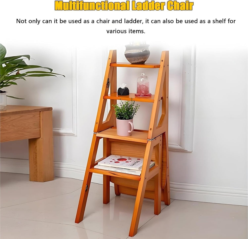 Aimery Library Ladder Chair, 2 in 1 Portable 4-Step Ladders, Wood Foldable St...