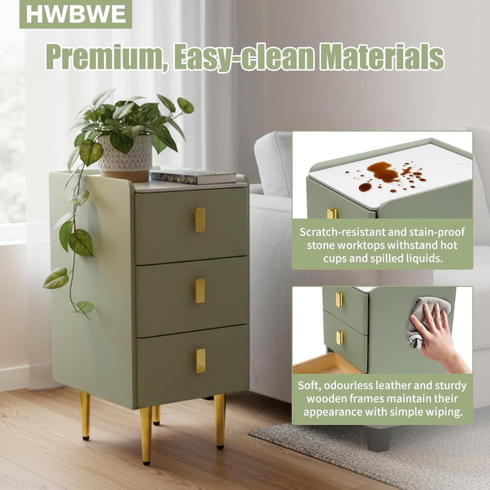 Narrow Nightstand with Drawers, Narrow Side Table Leather, Three-Layer Drawer...