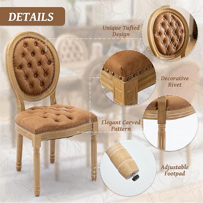 French Country Dining Chairs Set of 6,Farmhouse Upholstered Dining Room Chairs with Tufted Round Back&Solid Leg,PU Leather Kitchen Side Chairs for Kitchen/Bedroom/Dining Room,Tan