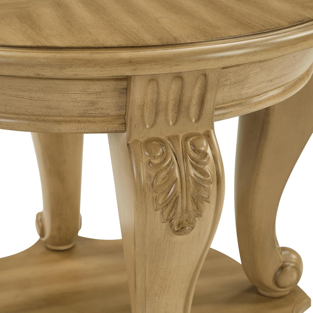 KEIKI Solid Rubber Wood Round Side End Table with Storage Shelf, Traditional ...