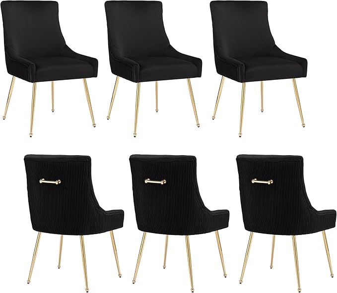 Velvet Dining Chairs Set of 6, Modern Upholstered Kitchen Chair with Pull Handle & Pleated Back, Mid Century Accent Chair with Gold Metal Legs for Vanity,Dining,Kitchen,Living Room, Black