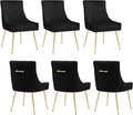 Velvet Dining Chairs Set of 6, Modern Upholstered Kitchen Chair with Pull Handle & Pleated Back, Mid Century Accent Chair with Gold Metal Legs for Vanity,Dining,Kitchen,Living Room, Black