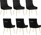 Velvet Dining Chairs Set of 6, Modern Upholstered Kitchen Chair with Pull Handle & Pleated Back, Mid Century Accent Chair with Gold Metal Legs for Vanity,Dining,Kitchen,Living Room, Black