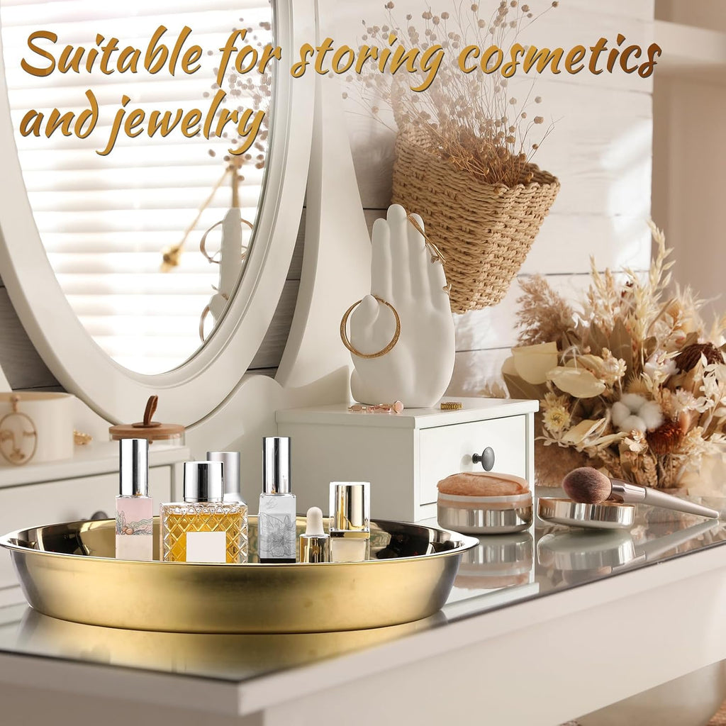 Thenshop 3 Pcs 15 Inch Gold Round Serving Tray Stainless Steel Circle Decorative Vanity Gold Plate Metal Jewelry Makeup Organizer Dishes for Gift Wedding Coffee Table Bathroom Dessert Christmas