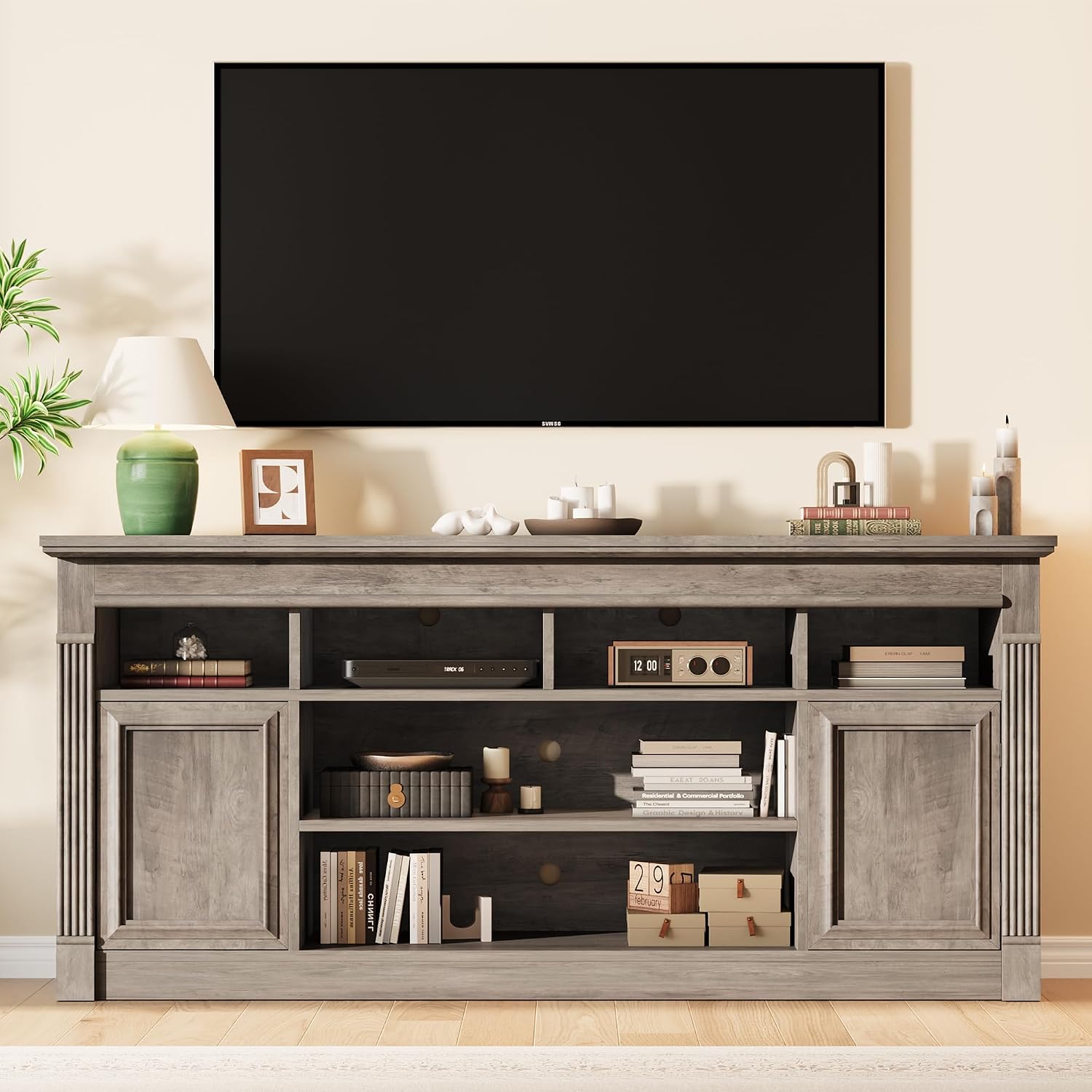 GAOMON TV Stand for TVs Up to 75 Inches, Grey | Entertainment Center, Farmhouse Media TV Console Table, Open Storage Shelves, Cabinets, for Living Room, Bedroom