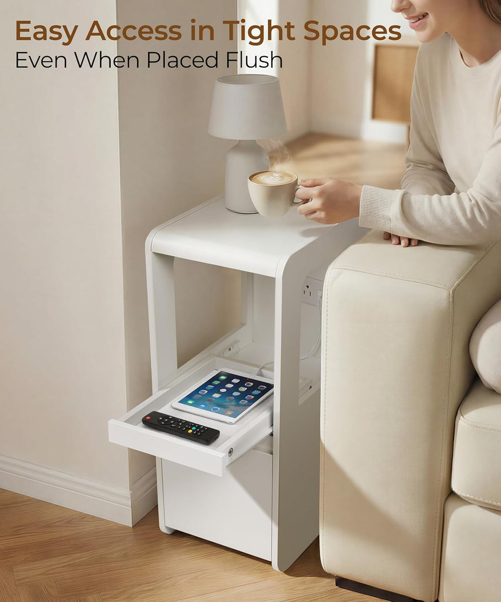 Narrow Side Table Small End Table with Charging Station White Skinny End Tabl...