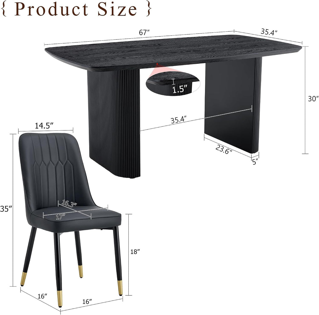 TesNus Modern Dining Table Set for 4, 67'' Black Dining Table Set with 4 Upholstered Metal Chairs, 3.5'' Oval Wood Top and Matte Black Pedestal Base, Rounded Corners Kitchen & Dining Room Table Set