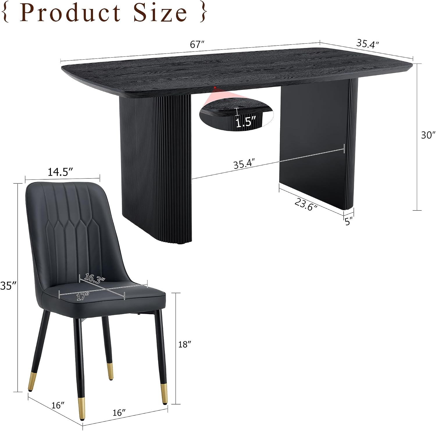 TesNus Modern Dining Table Set for 4, 67'' Black Dining Table Set with 4 Upholstered Metal Chairs, 3.5'' Oval Wood Top and Matte Black Pedestal Base, Rounded Corners Kitchen & Dining Room Table Set