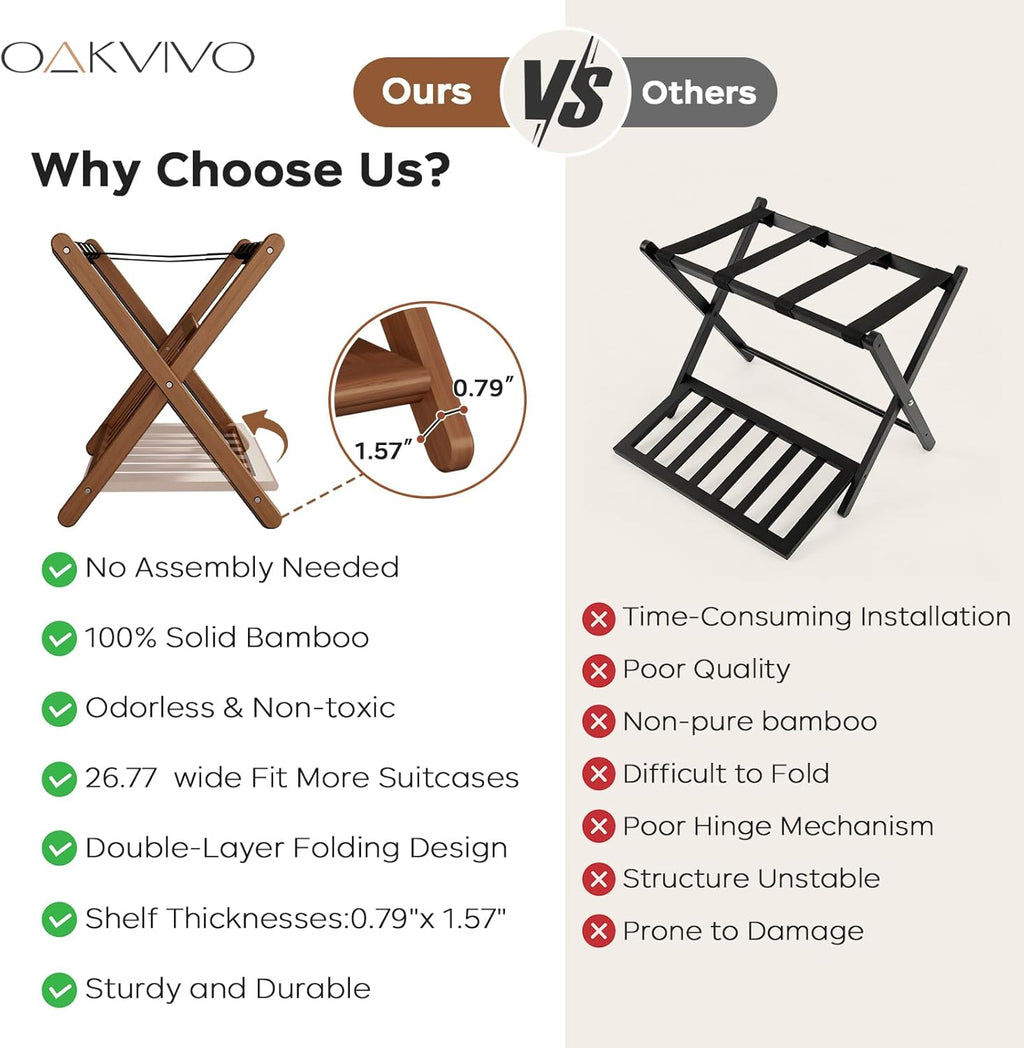 oakvivo Fully Assembled Walnut Luggage Racks Set of 2, Bamboo Luggage Rack Stand for Guest Room, 5 Nylon Straps, 26.77" Folding Suitcase Stand with Storage Shelf for Bedroom Hotel, Holds up to 165 Lbs
