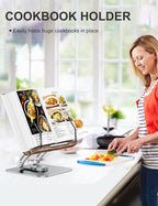 Tounee Book Stand for Reading, Adjustable Book Holder with 360° Swivel Base, Foldable Cookbook Stand Recipe Book Holder with Elastic Page Clips for Music Scores, Recipe, Tablet, Laptop-Silver