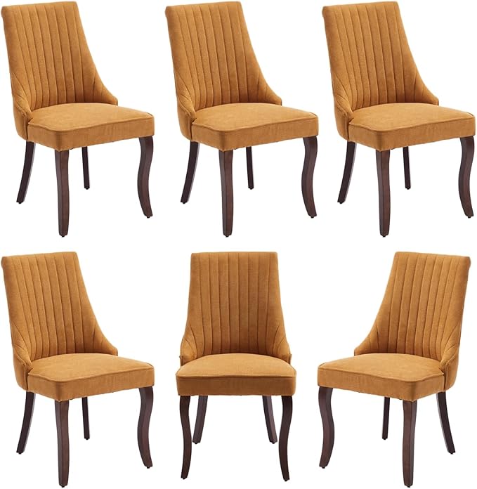 Linen Dining Chairs Set of 6,Comfy Fabric Upholstered Accent Chairs for Kitchen Living Room,Channel Tufted Dining Room Chairs with Curved Solid Wood Legs(Yellow)