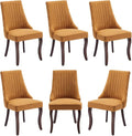 Linen Dining Chairs Set of 6,Comfy Fabric Upholstered Accent Chairs for Kitchen Living Room,Channel Tufted Dining Room Chairs with Curved Solid Wood Legs(Yellow)