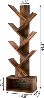 Hoctieon 6 Tier Tree Bookshelf, Tall Bookcase with Drawer, Freestanding Book Shelf, Display Floor Standing Storage Shelf, Book Organizer Shelves for Home Office, Rustic Brown