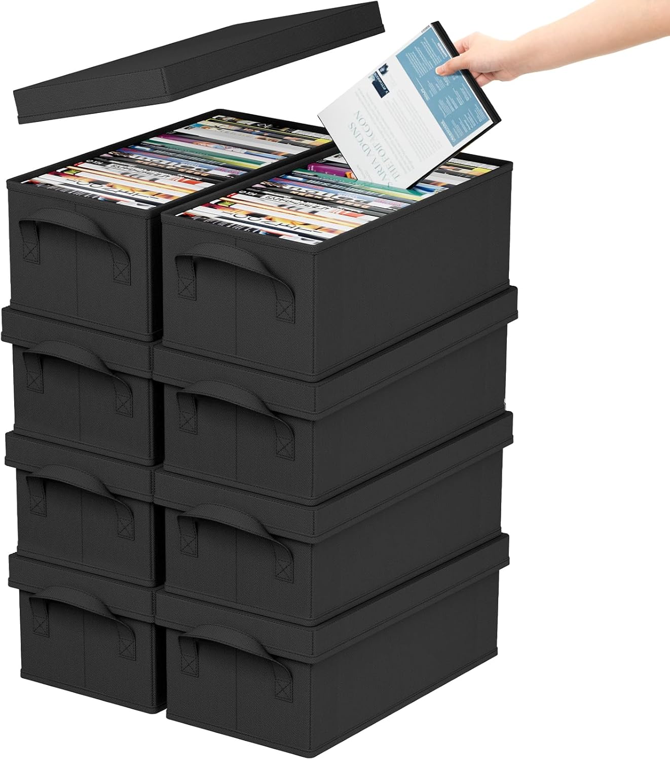 Lifewit DVD Storage Box, Stackable DVD Case Holder Organizer, Foldable DVDs Container with Lid, Handles, Media Organizer Bin 15.7" L x 7.9" W x 5.7" H Holds up to 200 PCS DVDs (25 Each), 8 Pack