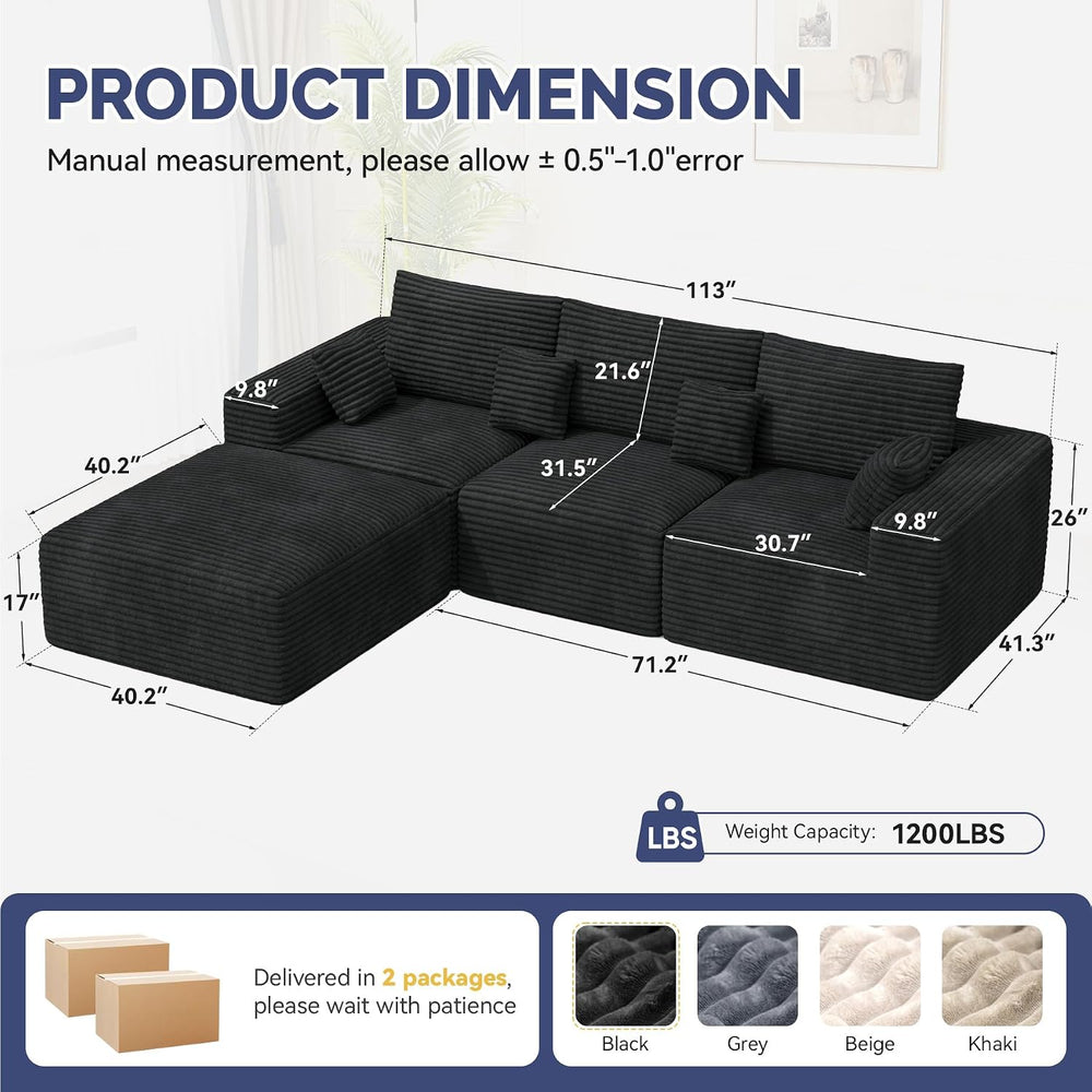113" L-Shaped Couch, Modern Modular Sectional Sofa with Deep Seat, Conve...