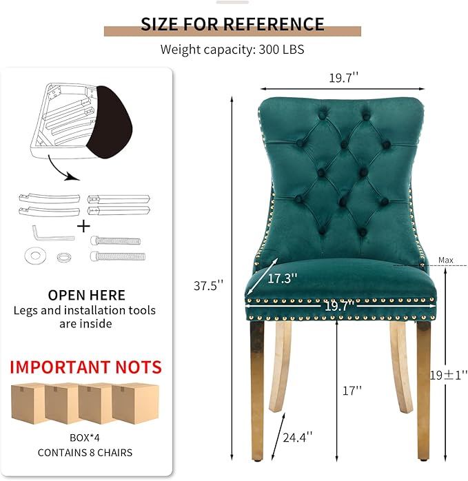 Mid Century Modern Dining Chairs Set of 8, Green Velvet Upholstered Tufted Back, Kitchen & Dining Room Chairs, Gold Metal Legs, Nailhead Trim, Sillas para Comedor (Green, 8 Pcs)