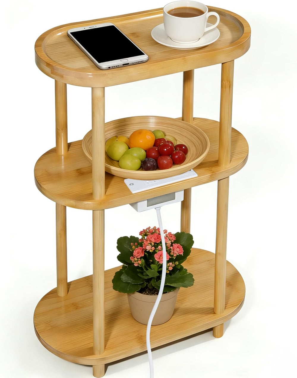 Side Table, Nightstand with Charging Station — Bamboo Narrow End Table with 3...