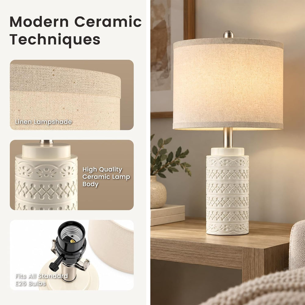 Modern Ceramic Table Lamp Set of 2 for Bedroom, White Bedside Lamp with Fabri...