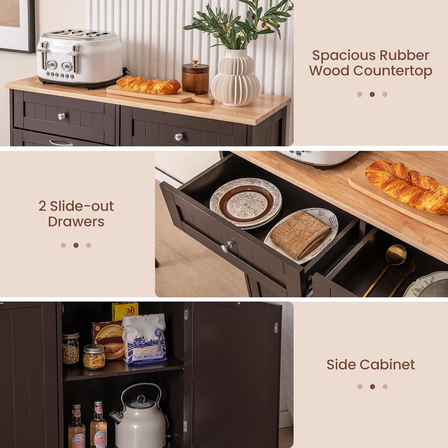 Tilt Out Trash Can Cabinet, Kitchen Island with Storage (Brown) | Large Cabinet & 2 Drawers, Adjustable Shelf, Hidden Garbage Can for Laundry, Kitchen, Bathroom